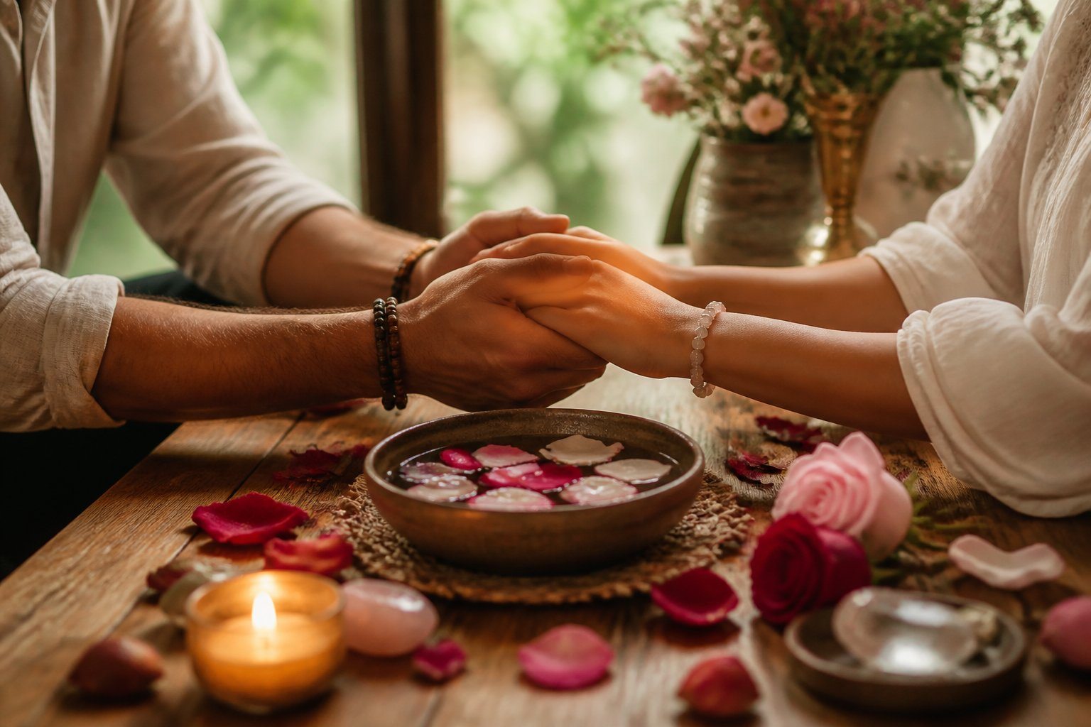 Casal segurando as mãos sobre uma mesa com pétalas de rosa, vela acesa e um pequeno recipiente com água e flores.