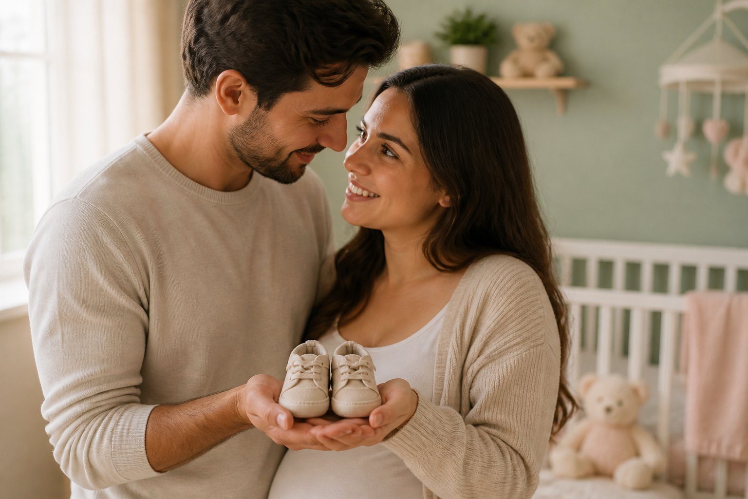 Casal esperando um bebê, segurando juntos um par de sapatinhos de bebê em um quarto de bebê acolhedor.