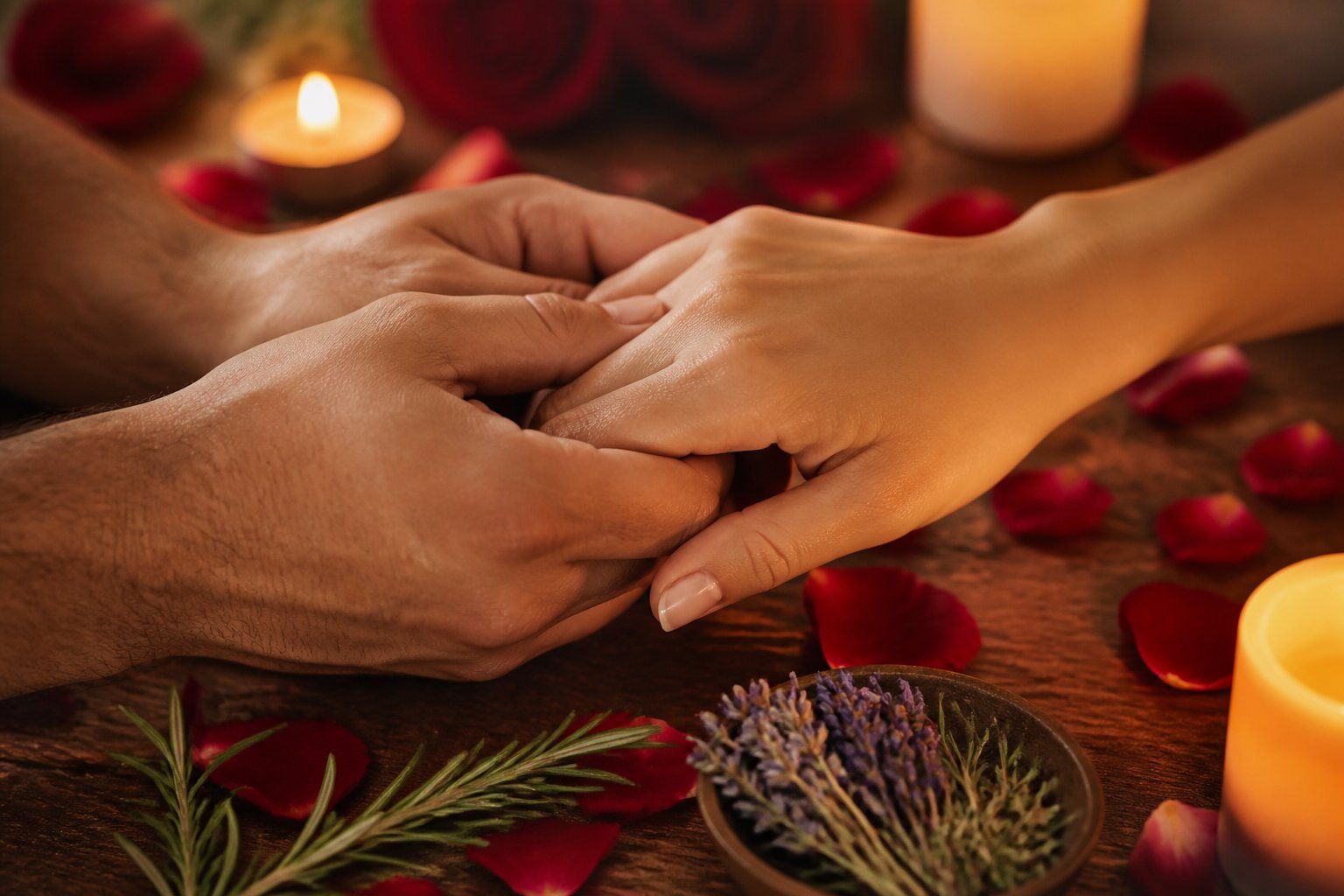 Duas mãos se segurando delicadamente sobre uma mesa com velas acesas e pétalas de rosa ao redor.