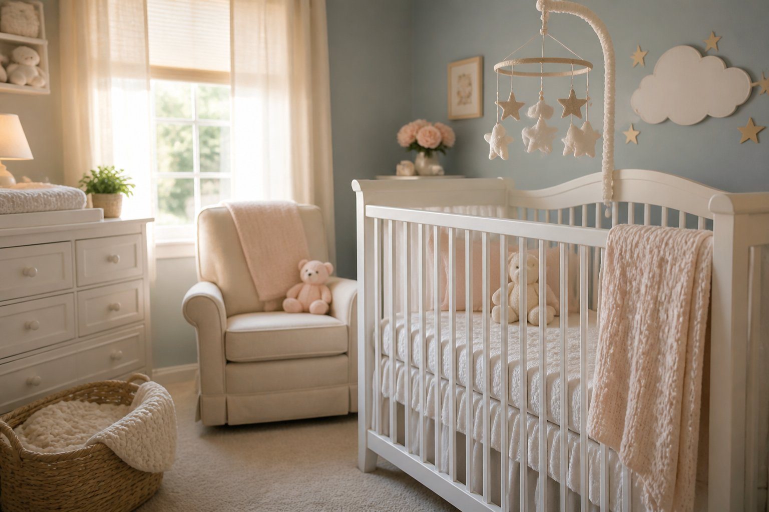 Quarto de bebê aconchegante e iluminado, com berço arrumado e decoração suave, preparado para a chegada do recém-nascido.