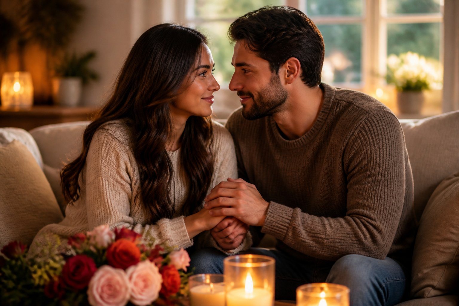Casal sentado junto em um ambiente acolhedor, segurando as mãos e sorrindo um para o outro, transmitindo reconciliação e fortalecimento dos laços amorosos.
