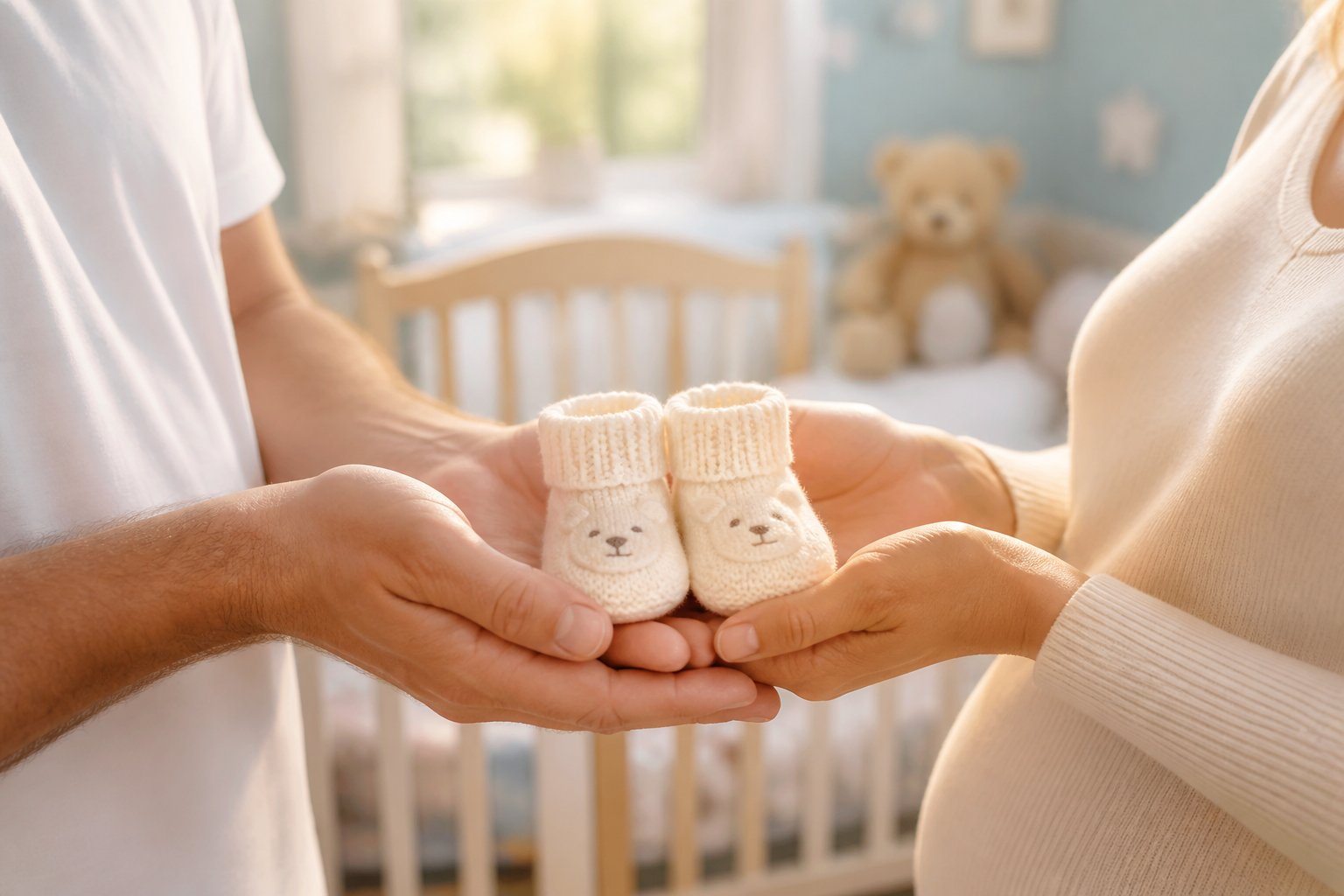 Mãos de adultos segurando delicadamente sapatinhos de bebê em um quarto de bebê com luz suave e decoração acolhedora.
