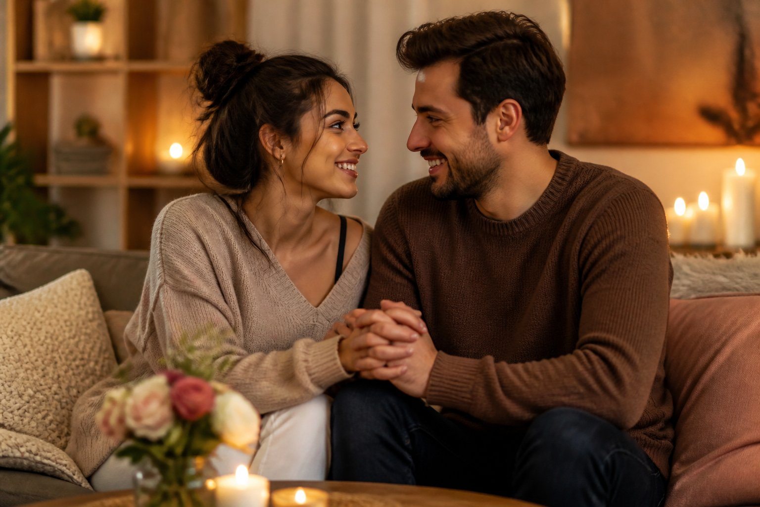Casal sorrindo e segurando as mãos em uma sala aconchegante, transmitindo amor e conexão.