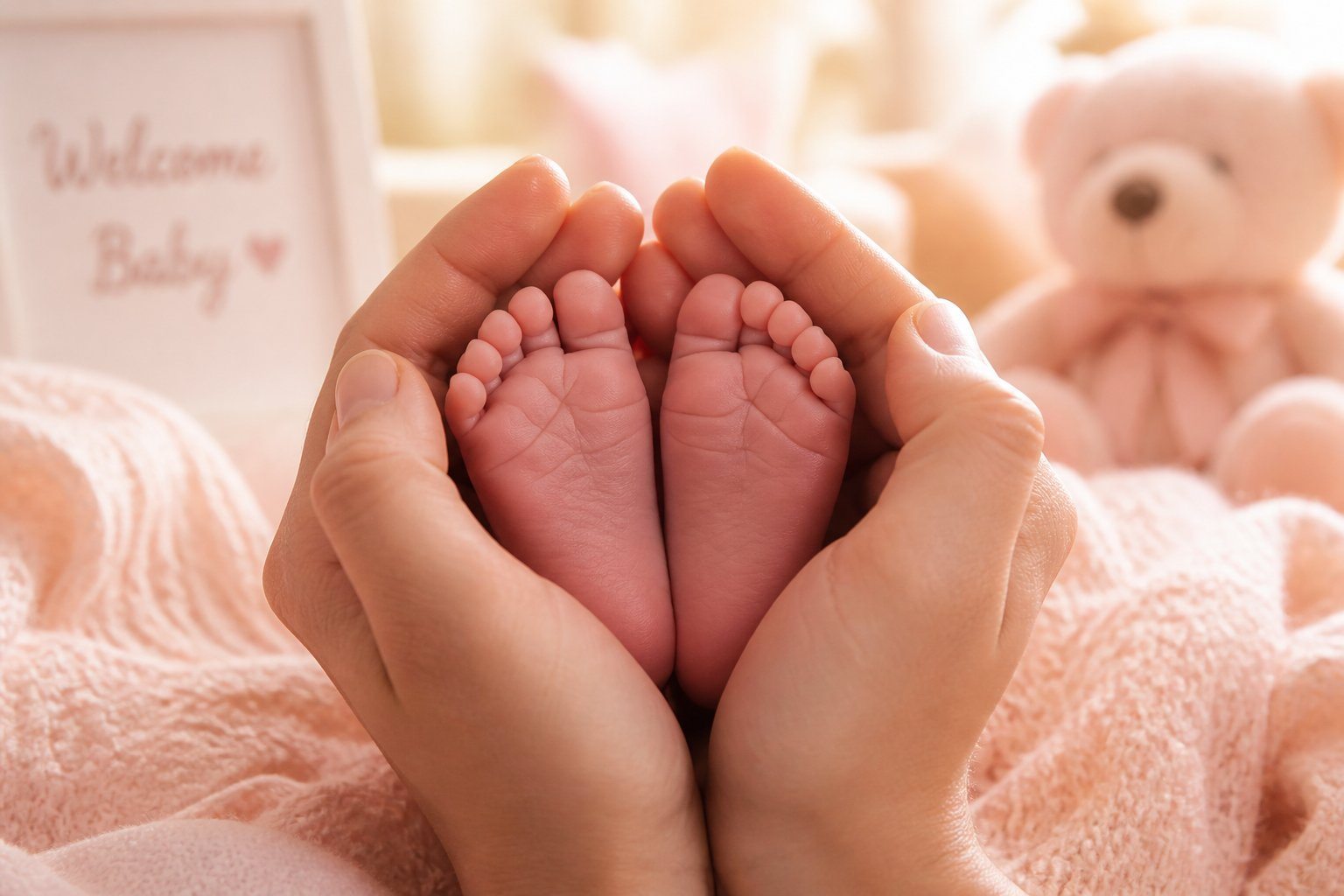 Pés de bebê recém-nascido sendo segurados por mãos adultas em um ambiente acolhedor e suave.