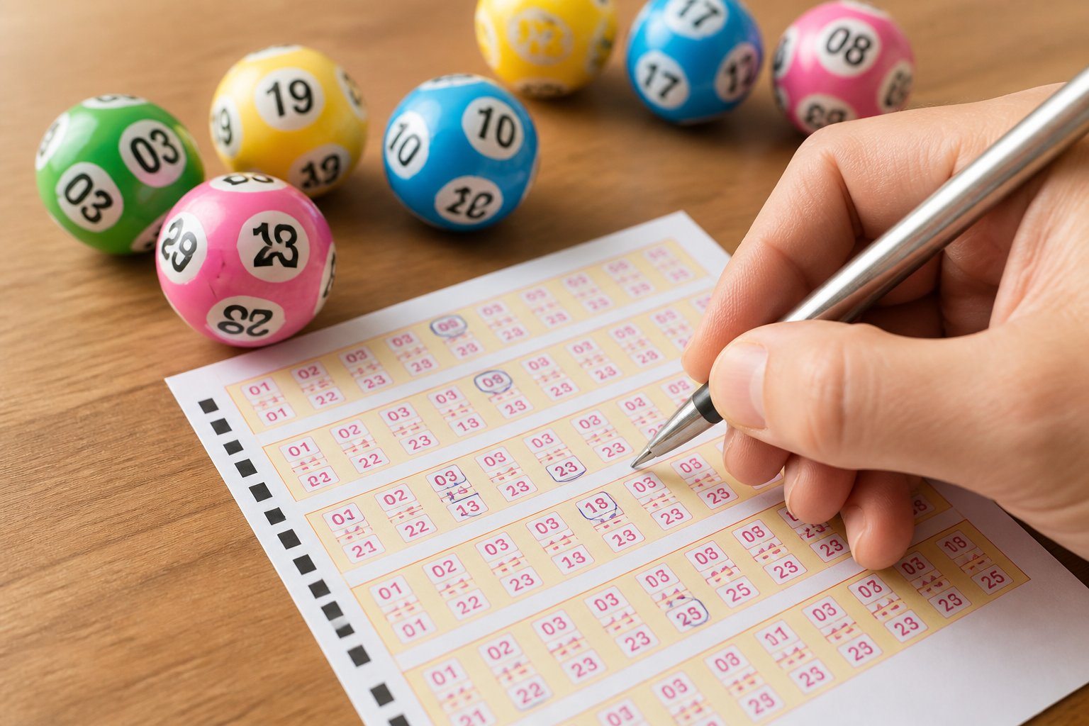 Mão segurando uma caneta sobre um bilhete de loteria Lotofácil com bolas de loteria numeradas ao redor sobre uma mesa.
