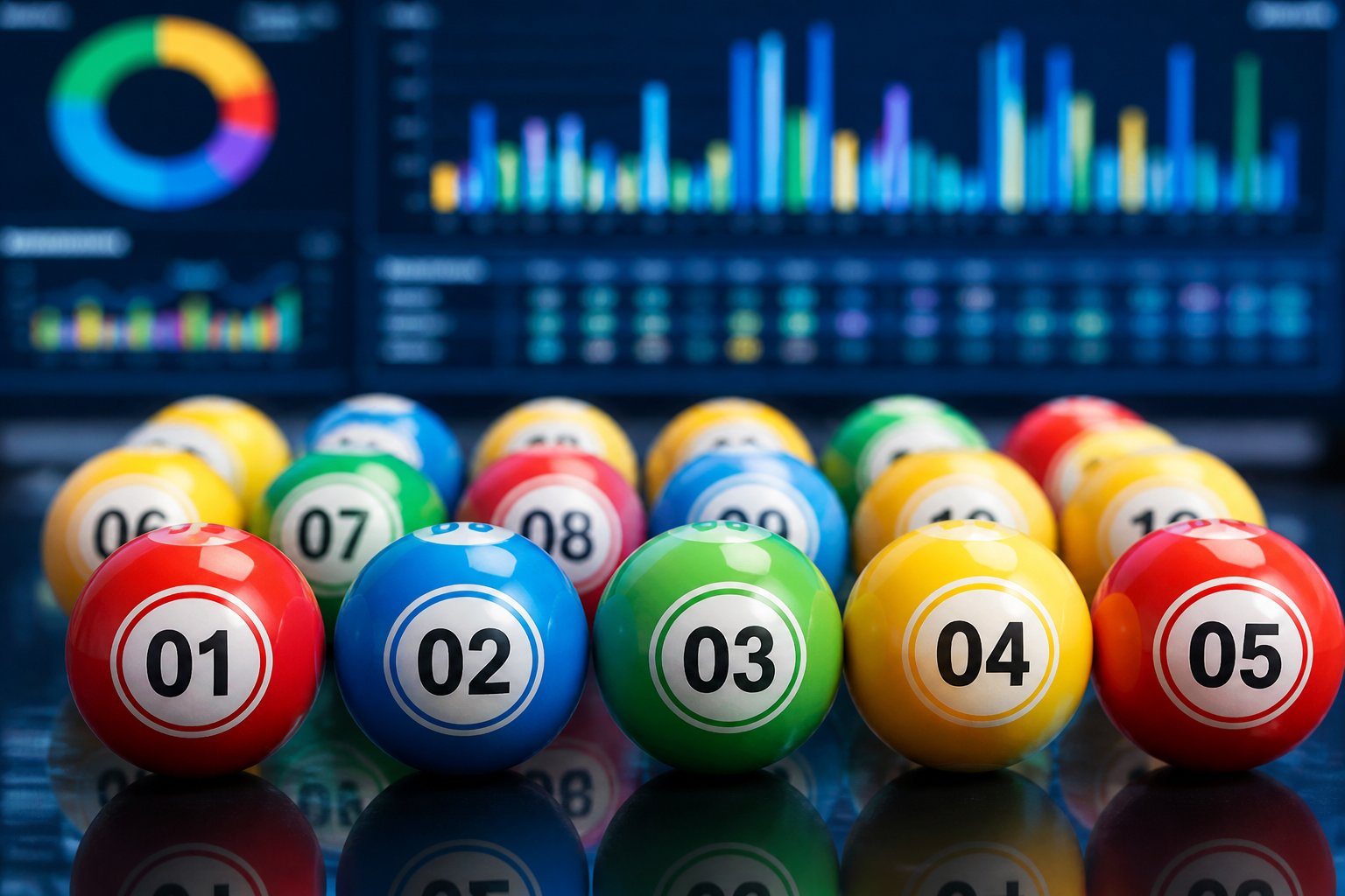 Bolas coloridas de loteria com números em destaque sobre uma superfície brilhante, com um quadro digital desfocado ao fundo mostrando gráficos estatísticos.
