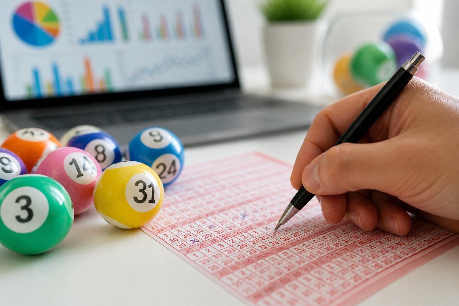 Mão marcando números em um bilhete de loteria com bolas numeradas e um laptop ao fundo mostrando gráficos.