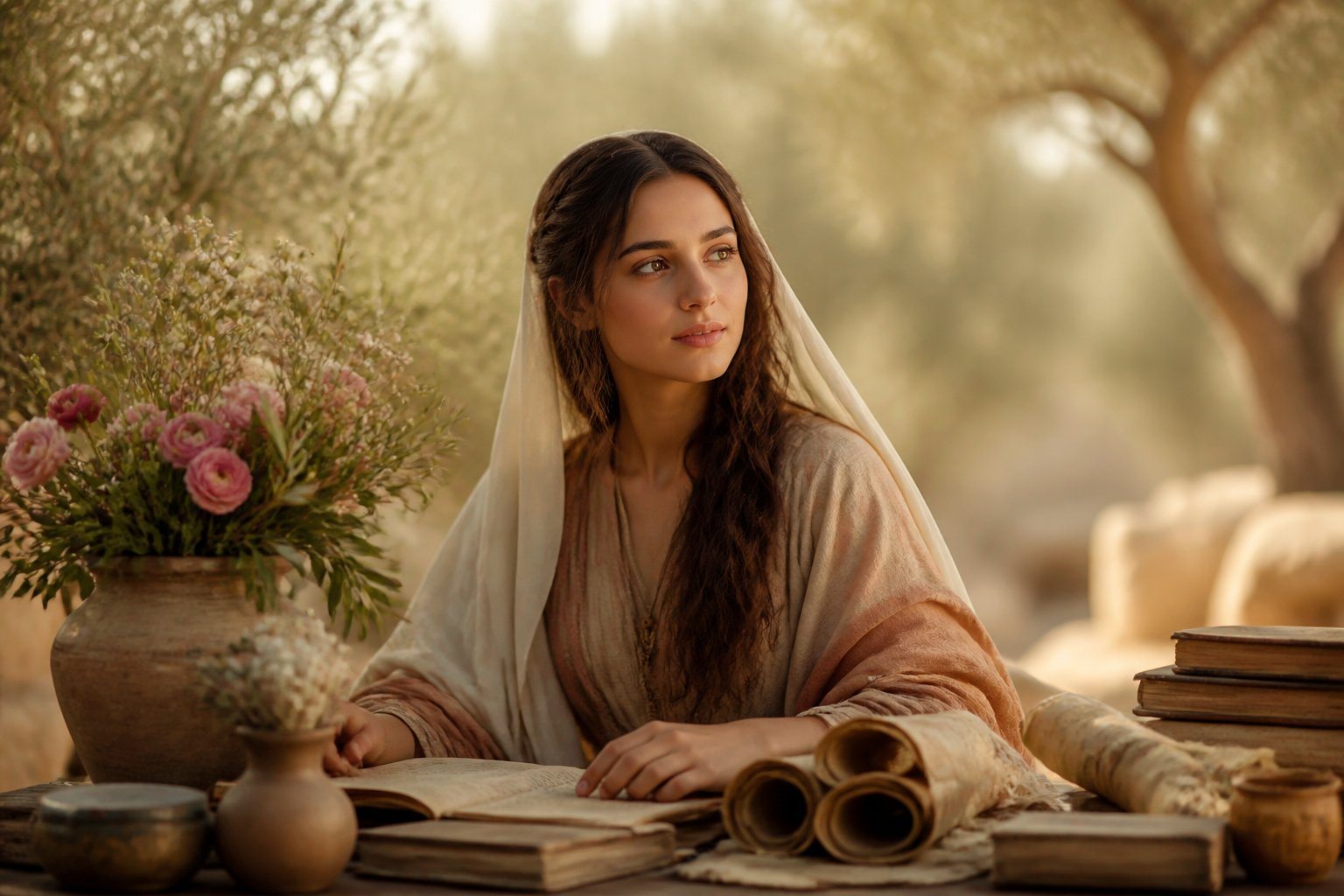Jovem mulher serena em ambiente natural com elementos antigos e flores, transmitindo uma atmosfera bíblica e espiritual.