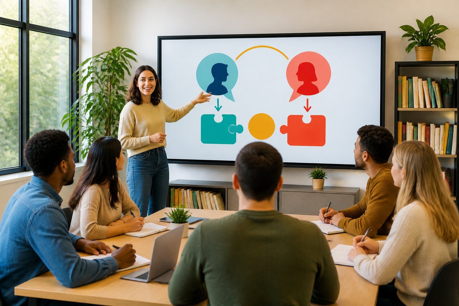 Grupo de pessoas em uma sala de aula moderna, participando de uma aula de gramática portuguesa com uma professora apontando para uma tela digital.