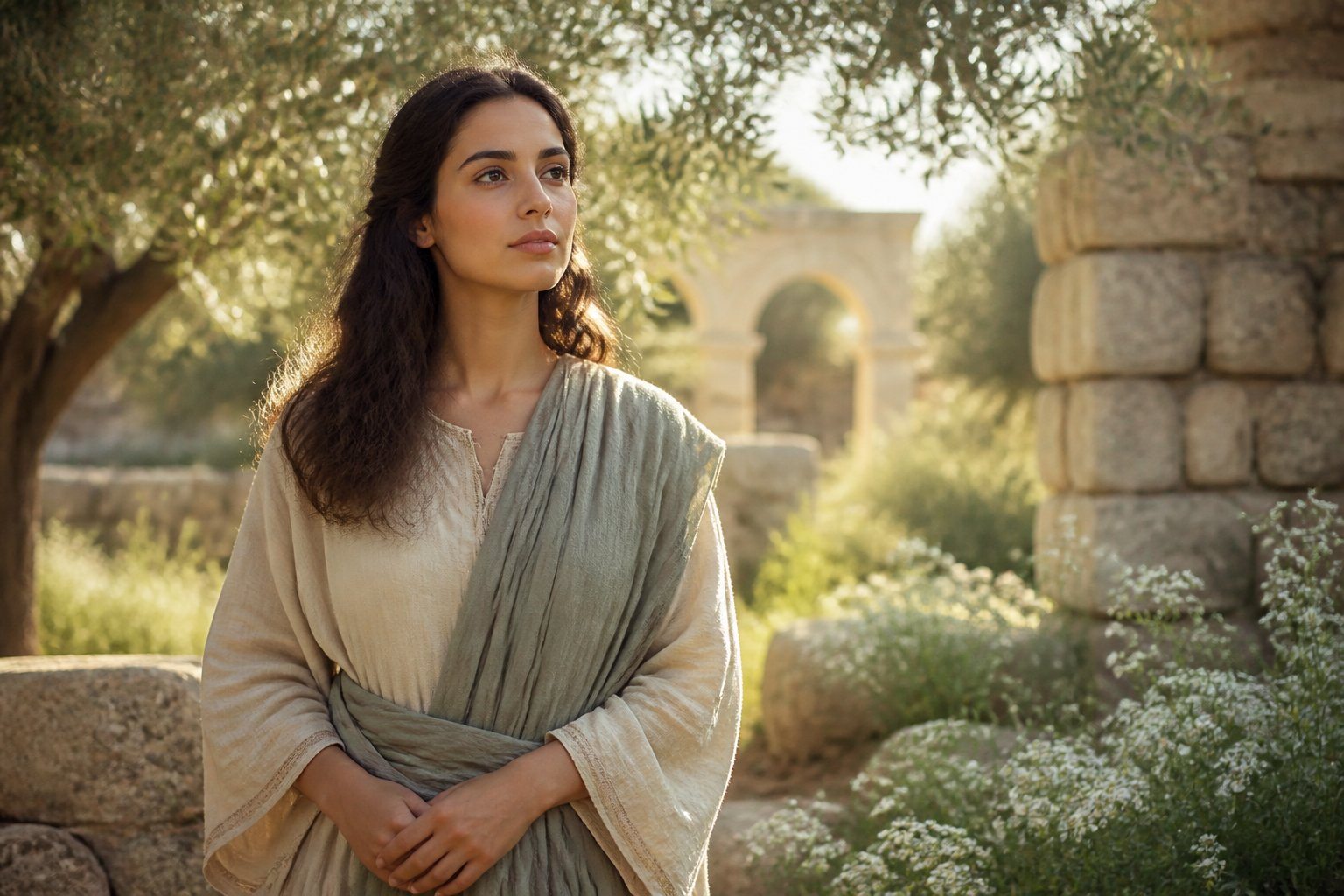 Mulher jovem em um pomar de oliveiras antigo, rodeada por flores brancas e ruínas de pedra, com luz suave do sol filtrando pelas folhas.