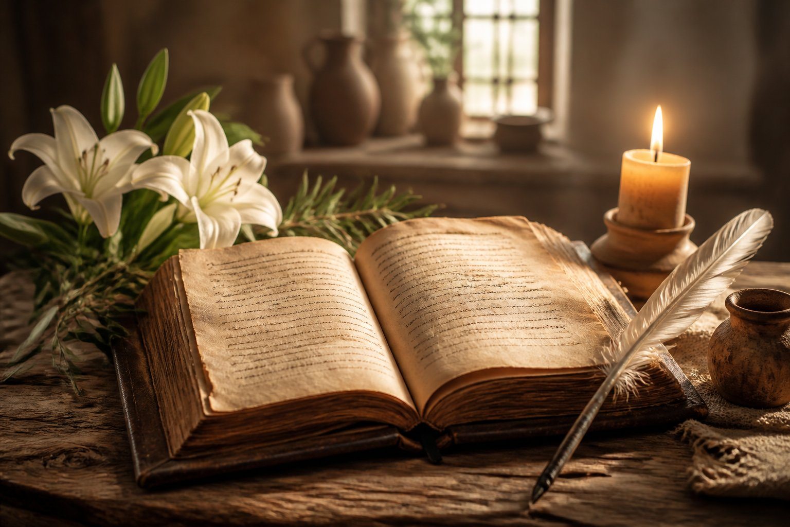 Livro antigo aberto sobre mesa de madeira com flores brancas, ramo de oliveira e vela acesa ao lado.