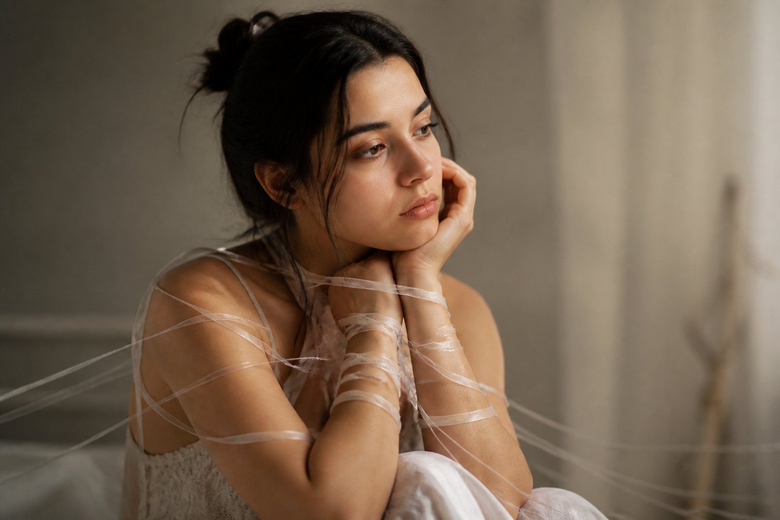 Mulher jovem sentada sozinha em um ambiente tranquilo, com fitas translúcidas envolvendo suavemente seus pulsos, transmitindo uma sensação de reflexão e vínculo emocional.