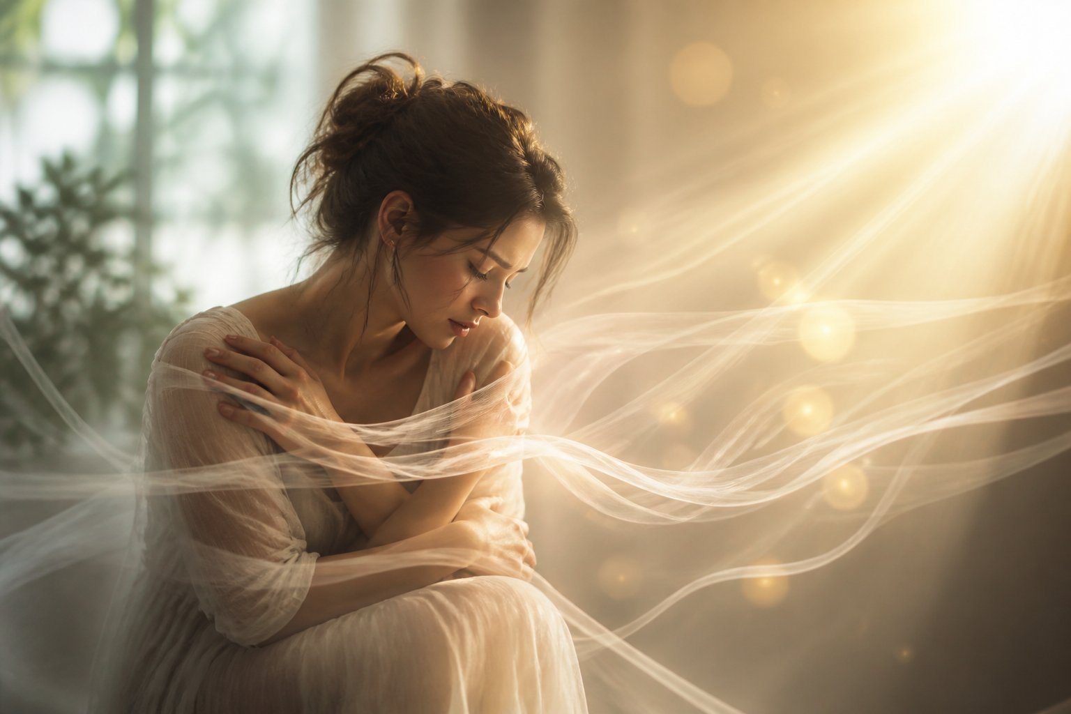 Pessoa sentada, simbolicamente amarrada por fitas transparentes, em um ambiente calmo e iluminado, com expressão introspectiva e elementos de luz suave ao redor.