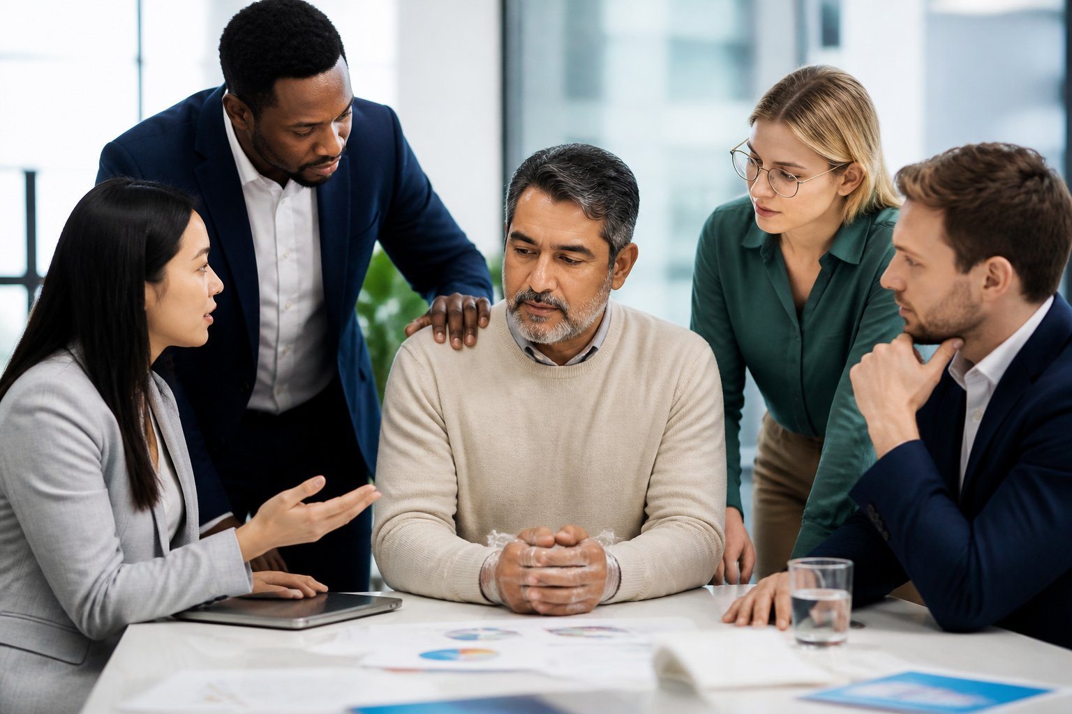 Pessoa sentada com faixas transparentes suaves nos pulsos, cercada por colegas em uma reunião profissional, demonstrando apoio e preocupação.